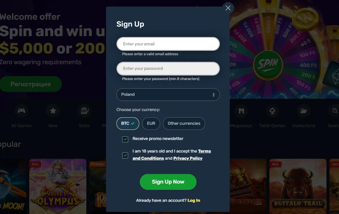 Регистрация в Winz Casino